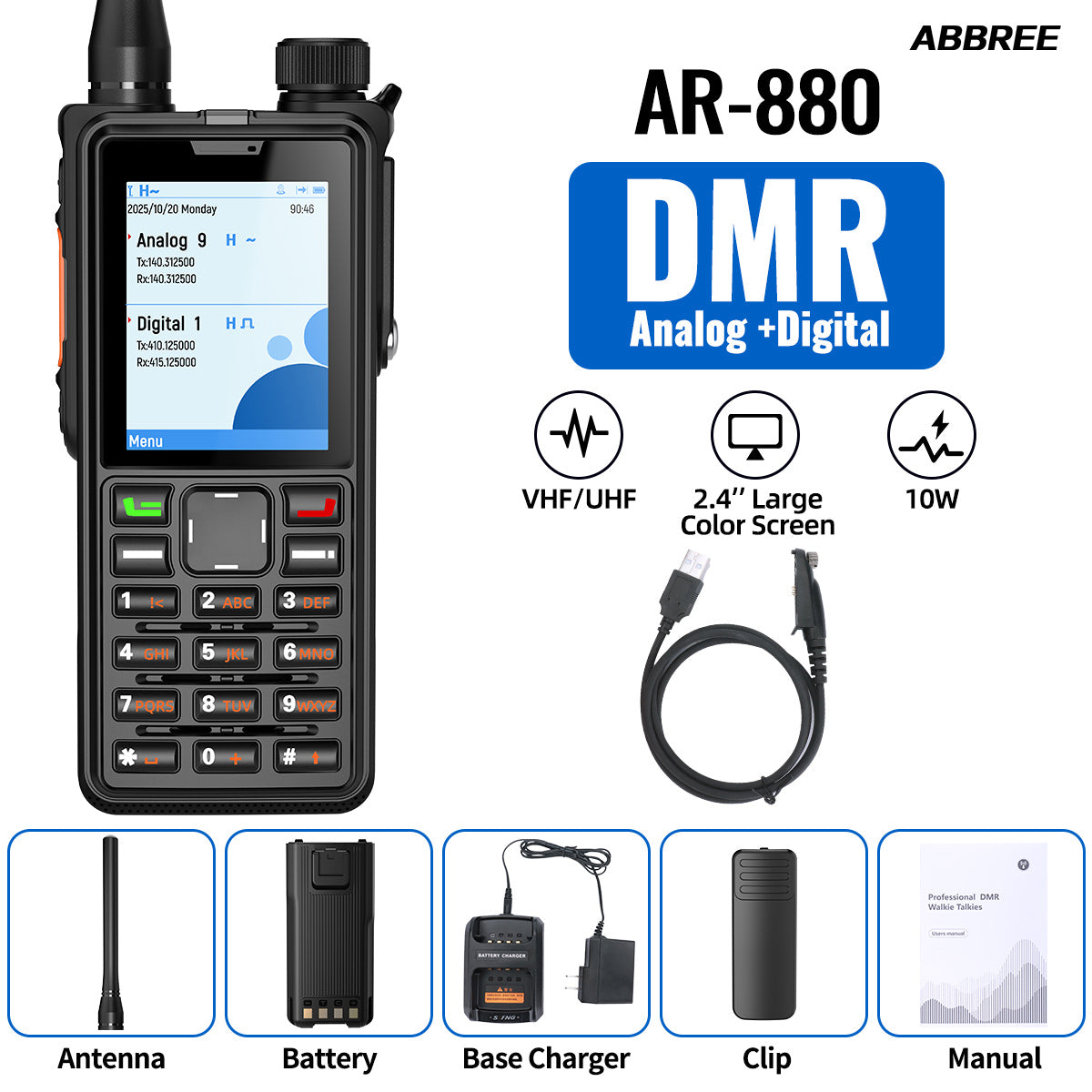 ABBREE AR-880 DMR Digital Walkie Talkie 10W IP67 Waterproof Dual Mode Analog Dual Band AES256 Dual Time Slot SMS VOX Ham Radio