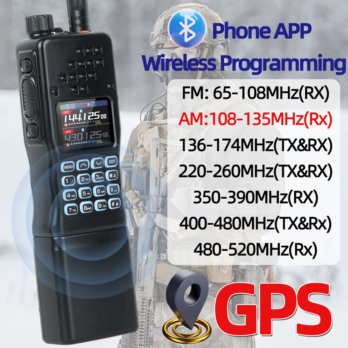 BAOFENG AR-152 PRO GPS Walkie Talkie Long Range Bluetooth Programming 10W Multi Band 12000mAh Tactial 1000CH Two Way Ham Radio