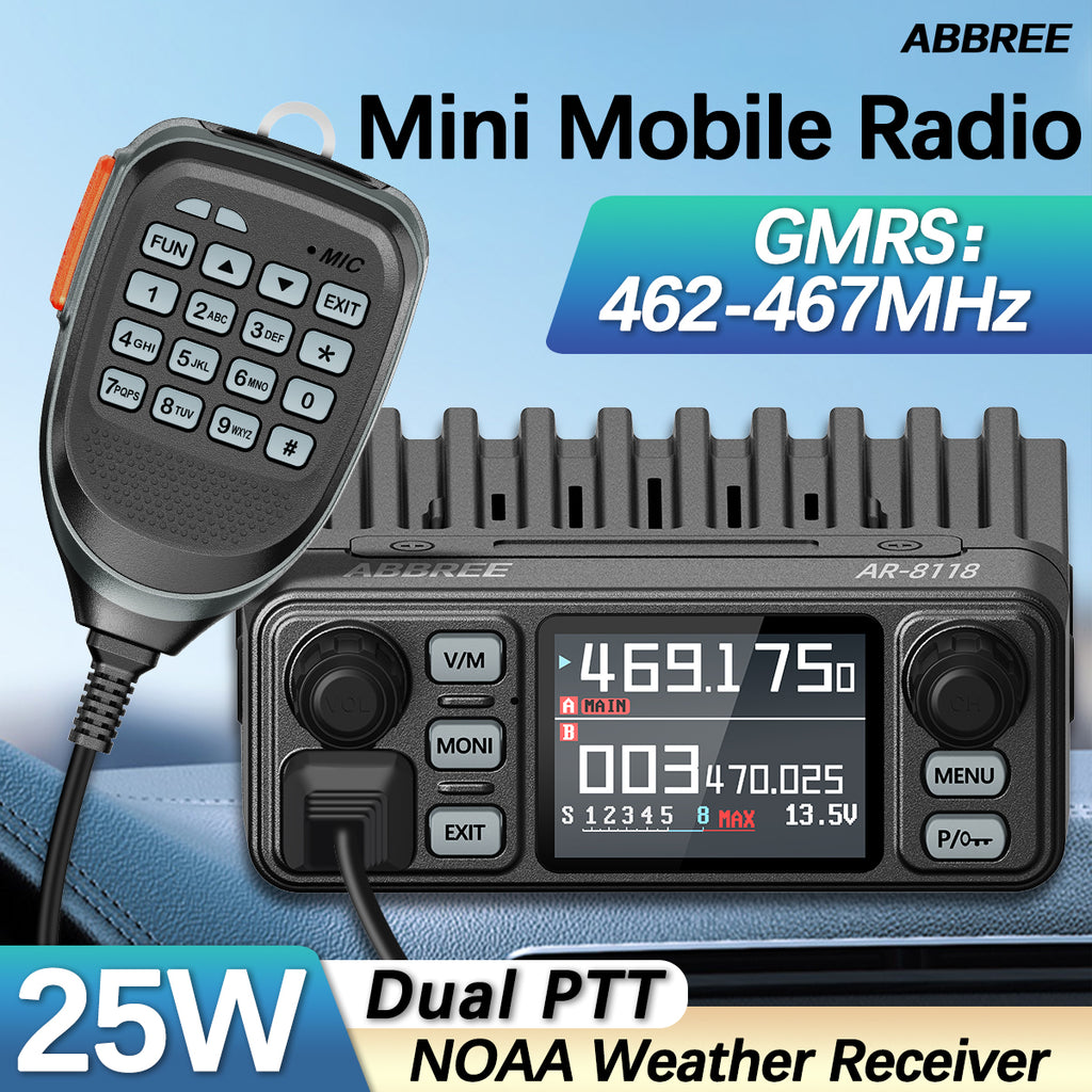 ABBREE AR-8118 GMRS Mobile Radio 25W Long Range GMRS Repeater Capable Base Two Way Radio NOAA Emergency 200 Channels with Cigar DC Adatper,VOX,Dual PTT,for Car Truck Off Road Overlanding Gear