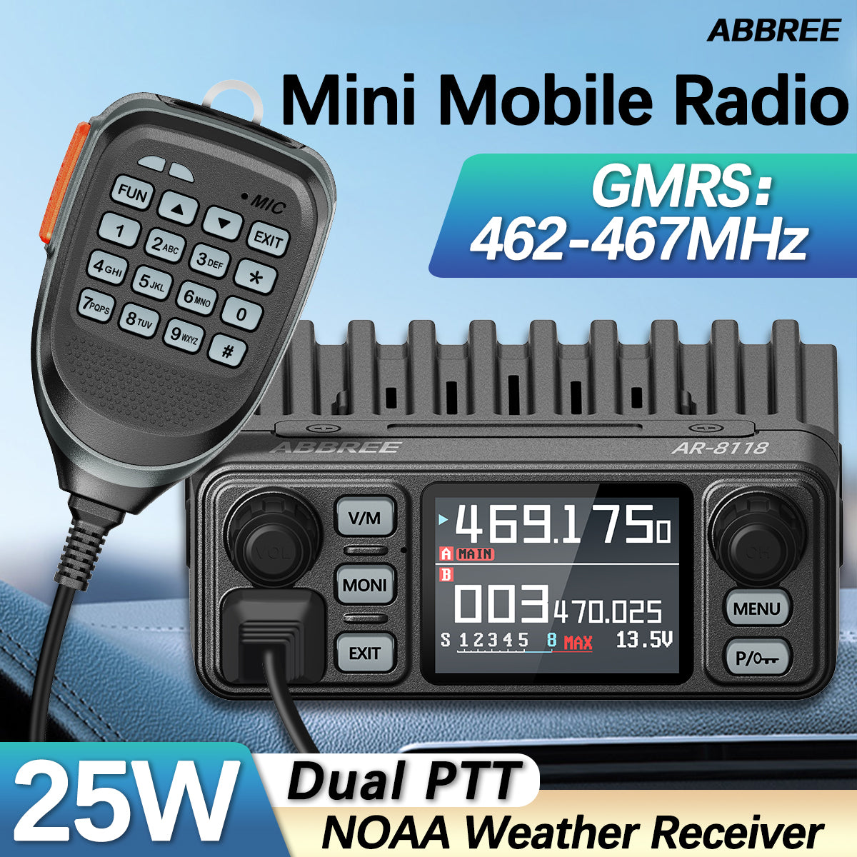 ABBREE AR-8118 GMRS Mobile Radio 25W Long Range GMRS Repeater Capable Base Two Way Radio NOAA Emergency 200 Channels with Cigar DC Adatper,VOX,Dual PTT,for Car Truck Off Road Overlanding Gear