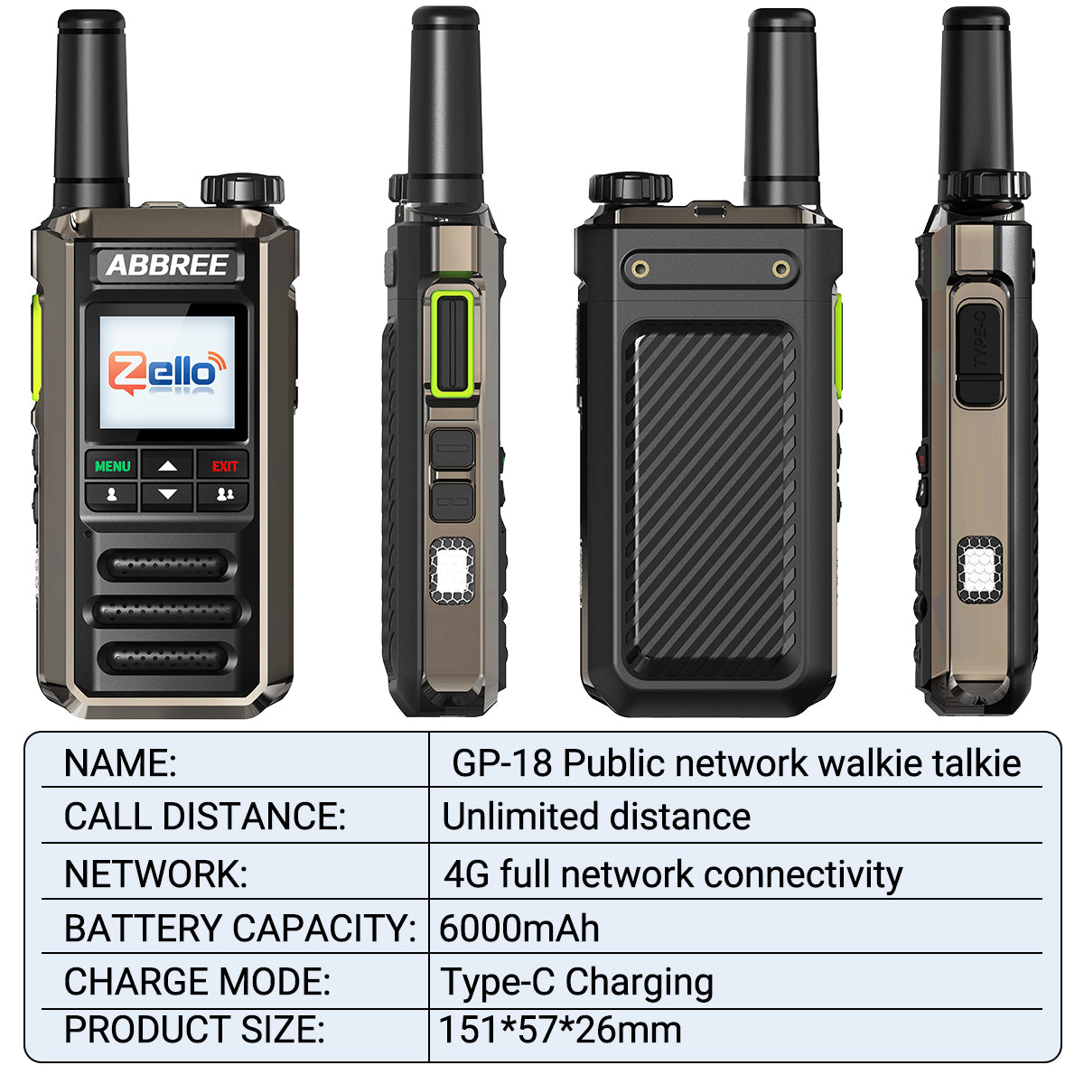 ABBREE GP-18 2G/3G/4G Zello Walkie Talkie Dual Sim Card Slots Global POC Android Bluetooth WIFI Unlimited Distance Network Radio