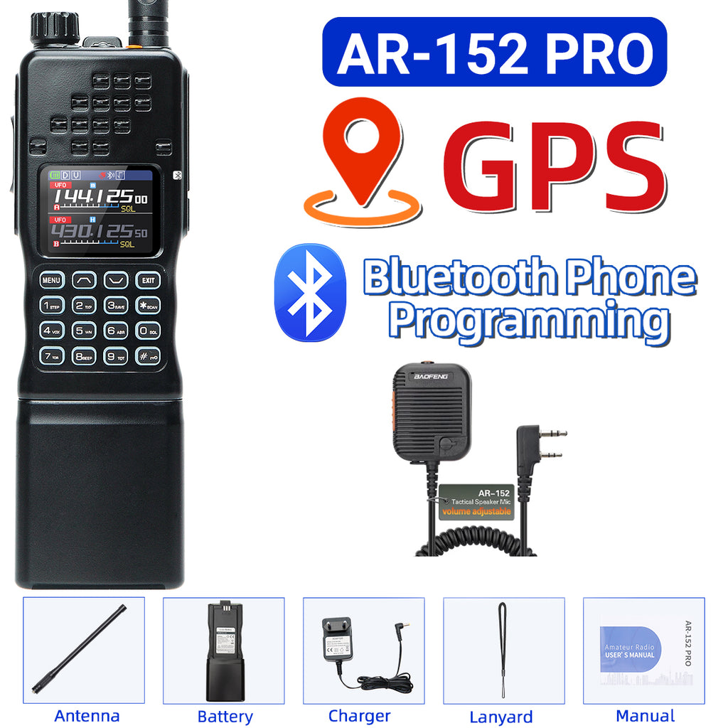 BAOFENG AR-152 PRO GPS Walkie Talkie Long Range Bluetooth Programming 10W Multi Band 12000mAh Tactial 1000CH Two Way Ham Radio