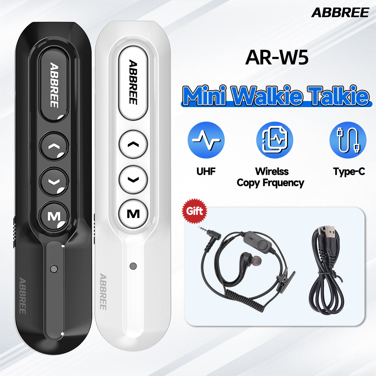 ABBREE AR-W5 Collar Clip Mini Walkie Talkie Wireless Copy Frequency 8 Volume Adjustment 20CH Type-C Chager UHF Handsfree Radio