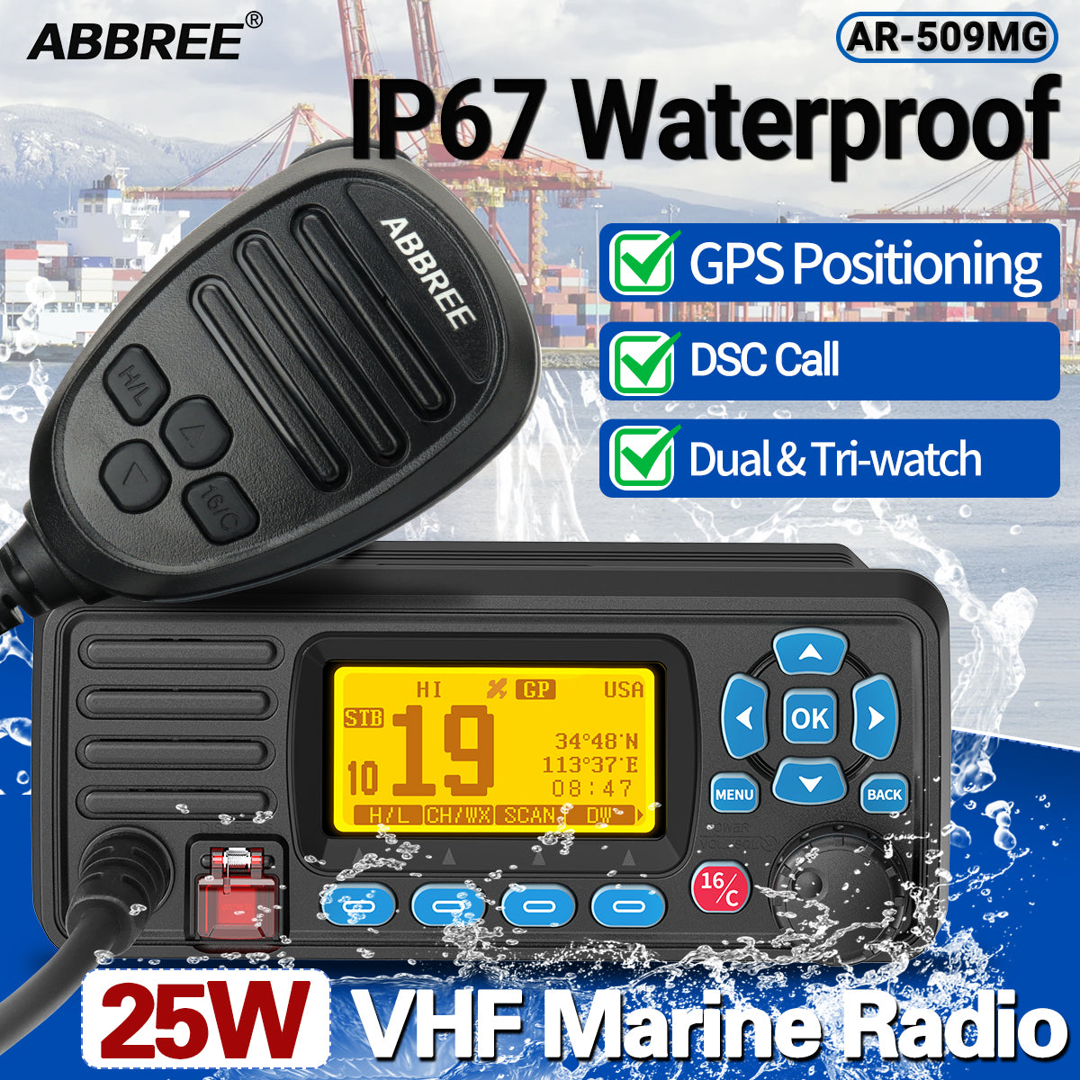 ABBREE AR-509MG Marine Radio VHF 25W with GPS Waterproof IP67 DCS Call USA/INT/CAN Marine Radio Channels Fixed Mount For Boats