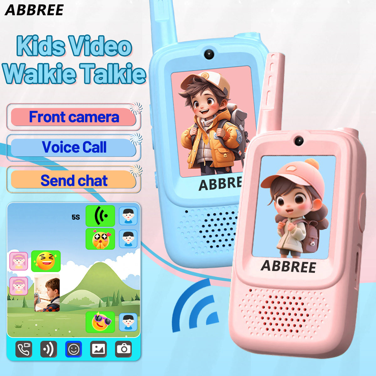 2PCS ABBREE JK300 Children's Video Walkie Talkies Selfie Send Voice Photo Emoticons For Kids Gift Boys Girls JK200 New upgrade