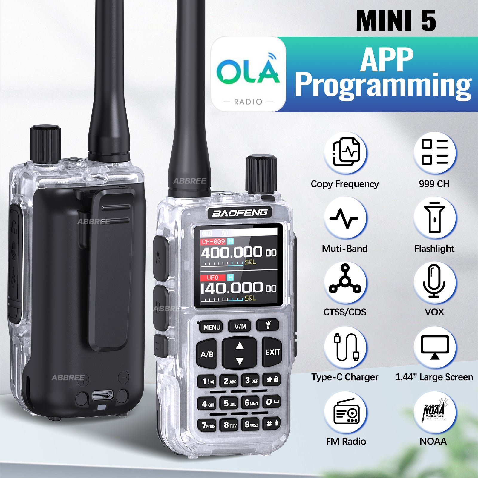 BAOFENG MINI 5 New Upgrade Walkie Talkie Wireless Copy Frequency 2200mAh Battery Bluetooth APP Programming UV-5R Mini Ham Radio