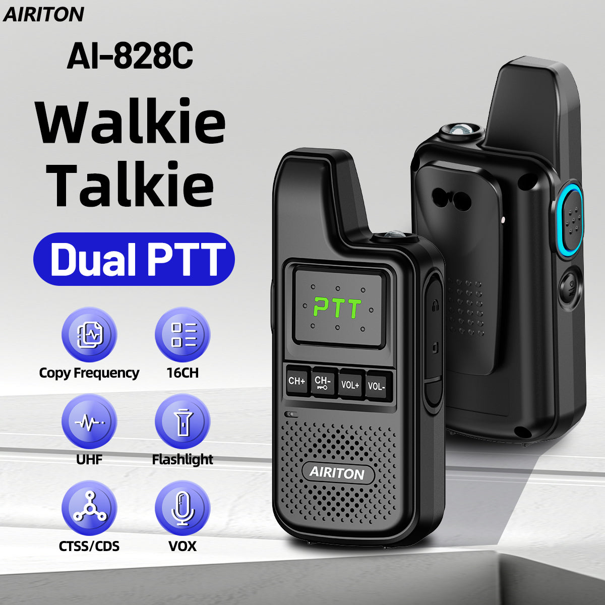 AIRITON AI-828C Mini Walkie Talkie Dual PTT Wireless Copy Frequency HD Sound Portable UHF 16 Channels Long Range Ham Radio