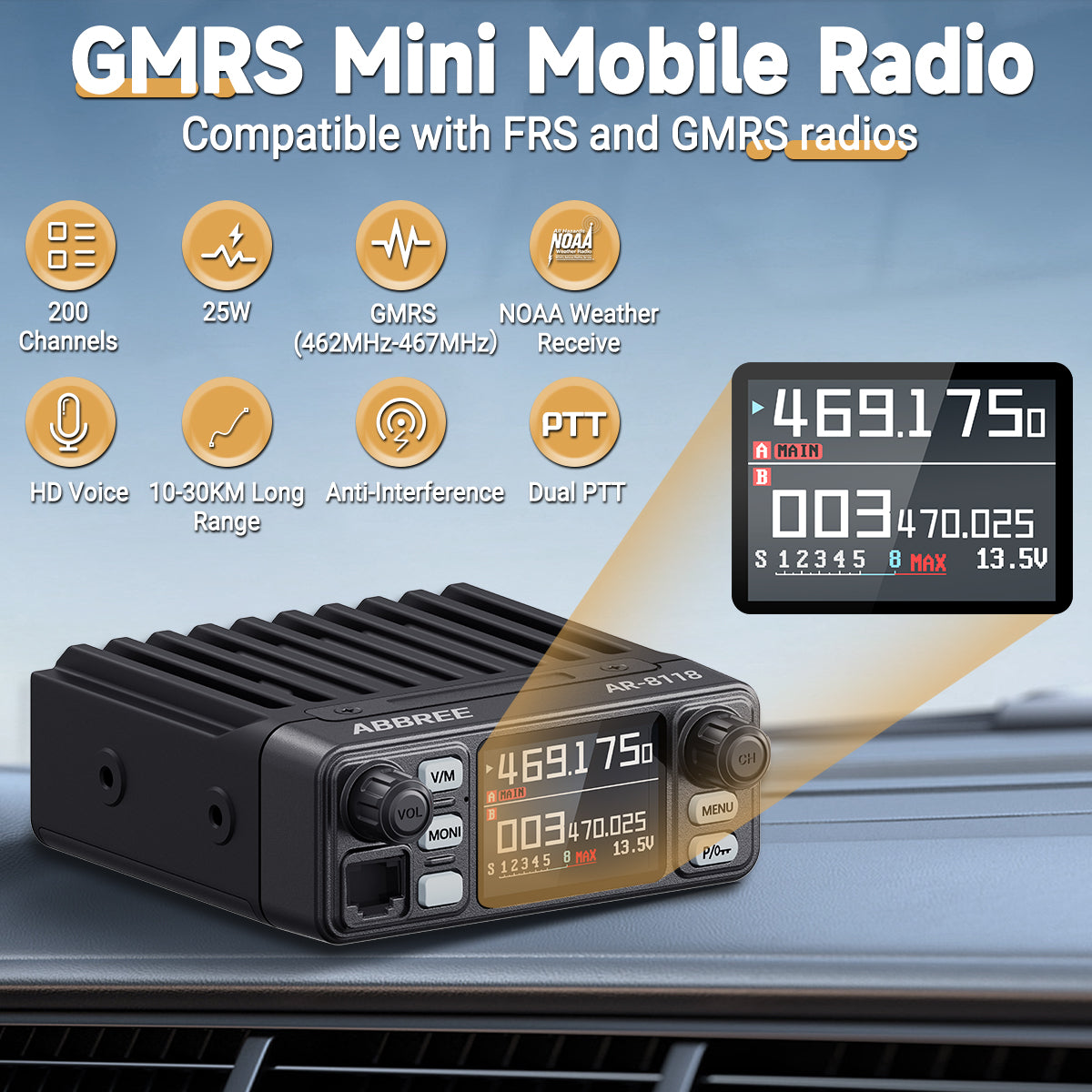 ABBREE AR-8118 GMRS Mobile Radio 25W Long Range GMRS Repeater Capable Base Two Way Radio NOAA Emergency 200 Channels with Cigar DC Adatper,VOX,Dual PTT,for Car Truck Off Road Overlanding Gear