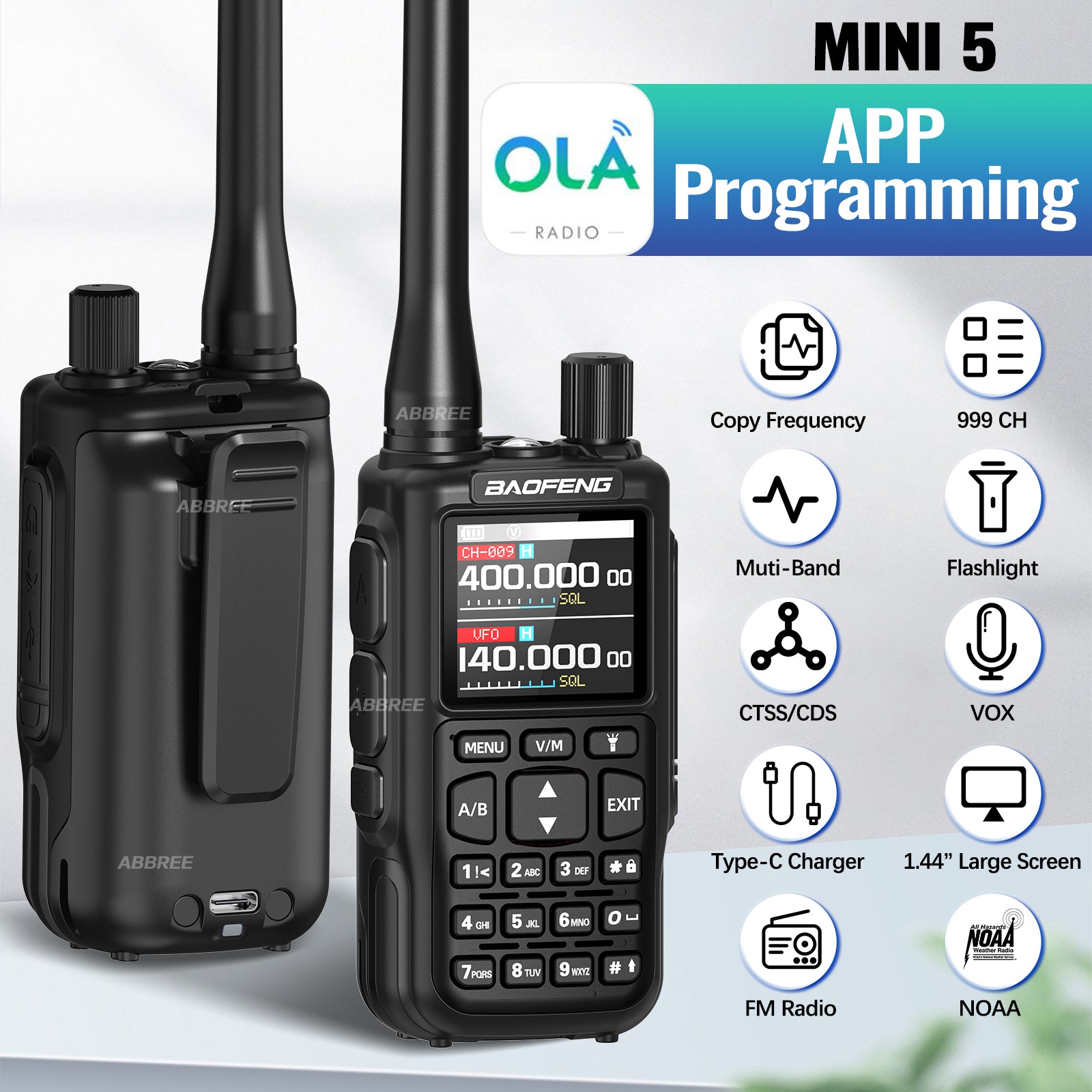 Baofeng Mini 5 Walkie Talkie Upgrade 5R Mini Bluetooth Programming Wireless Copy Frequency Full Band Type-C Long Range Ham Radio