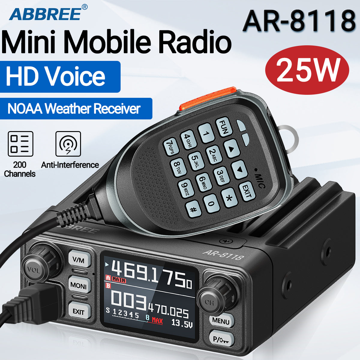 ABBREE AR-8118 25W Dual Band Mini Mobile Radio HD Voice 200CH Long Range VHF UHF Anti-Interference Dual PTT HD Vioce Car Radio
