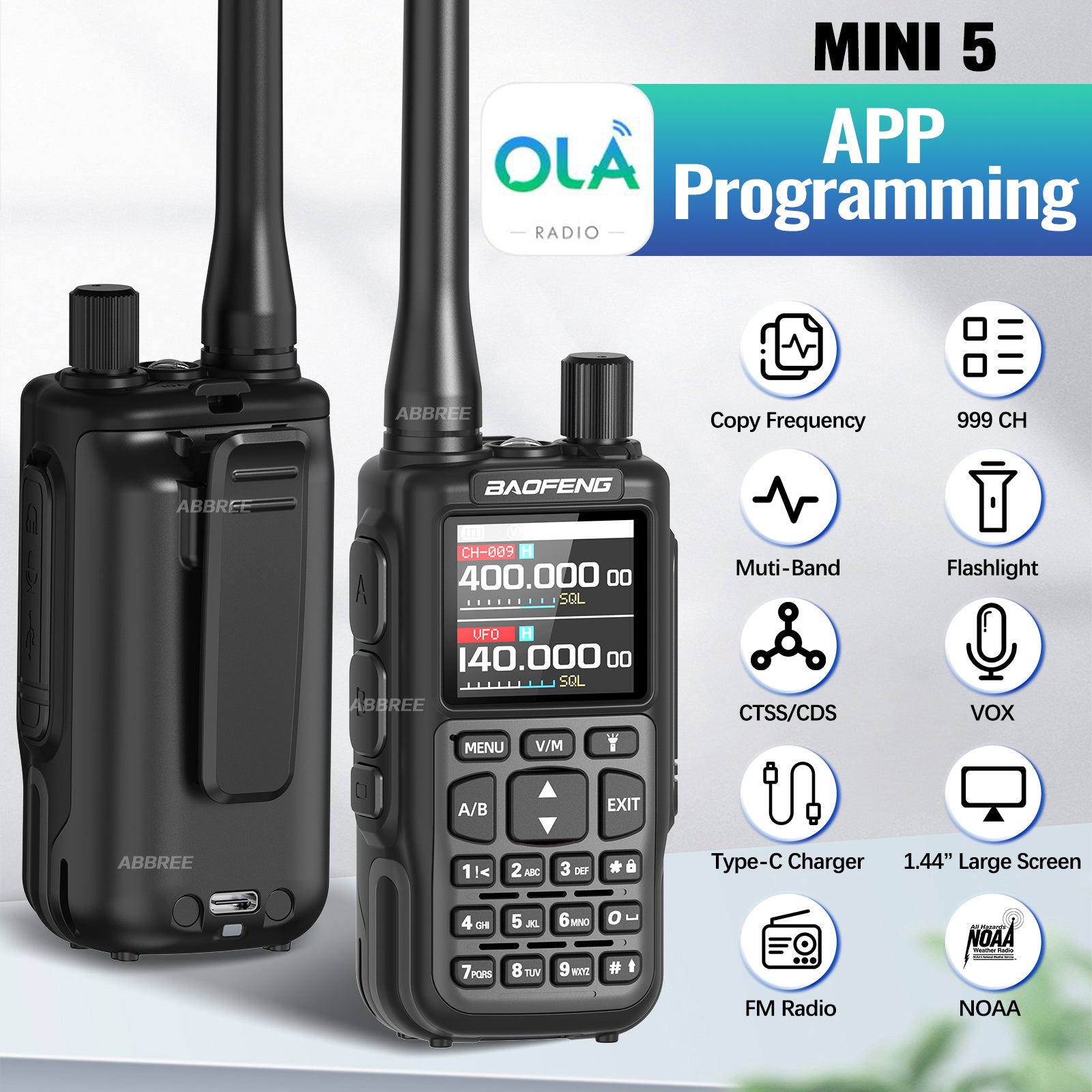 BAOFENG MINI 5 Walkie Talkie 2200mAh Battery APP Bluetooth Programming Long Range Dual PTT Newly Upgraded UV-5R MINI Ham Radio