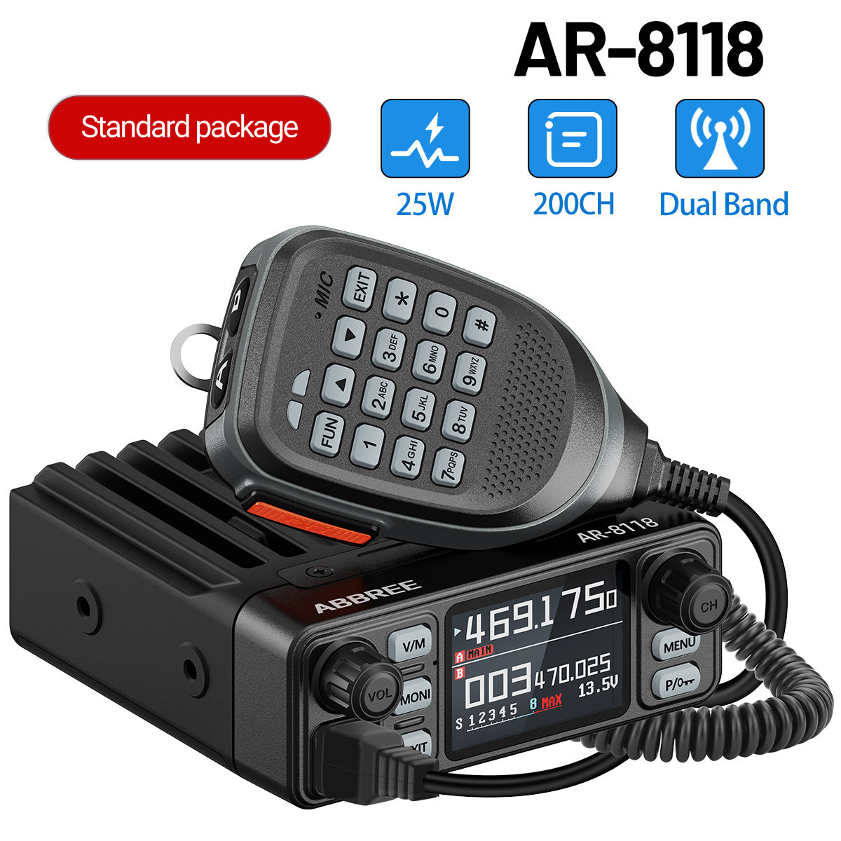 ABBREE AR-8118 25W Dual Band Mini Mobile Radio HD Voice 200CH Long Range VHF UHF Anti-Interference Dual PTT HD Vioce Car Radio