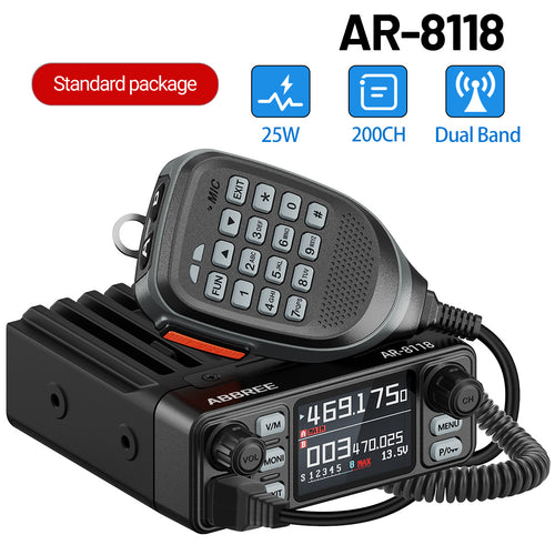 ABBREE AR-8118 25W Dual Band Mini Mobile Radio HD Voice 200CH Long Range VHF UHF Anti-Interference Dual PTT HD Vioce Car Radio