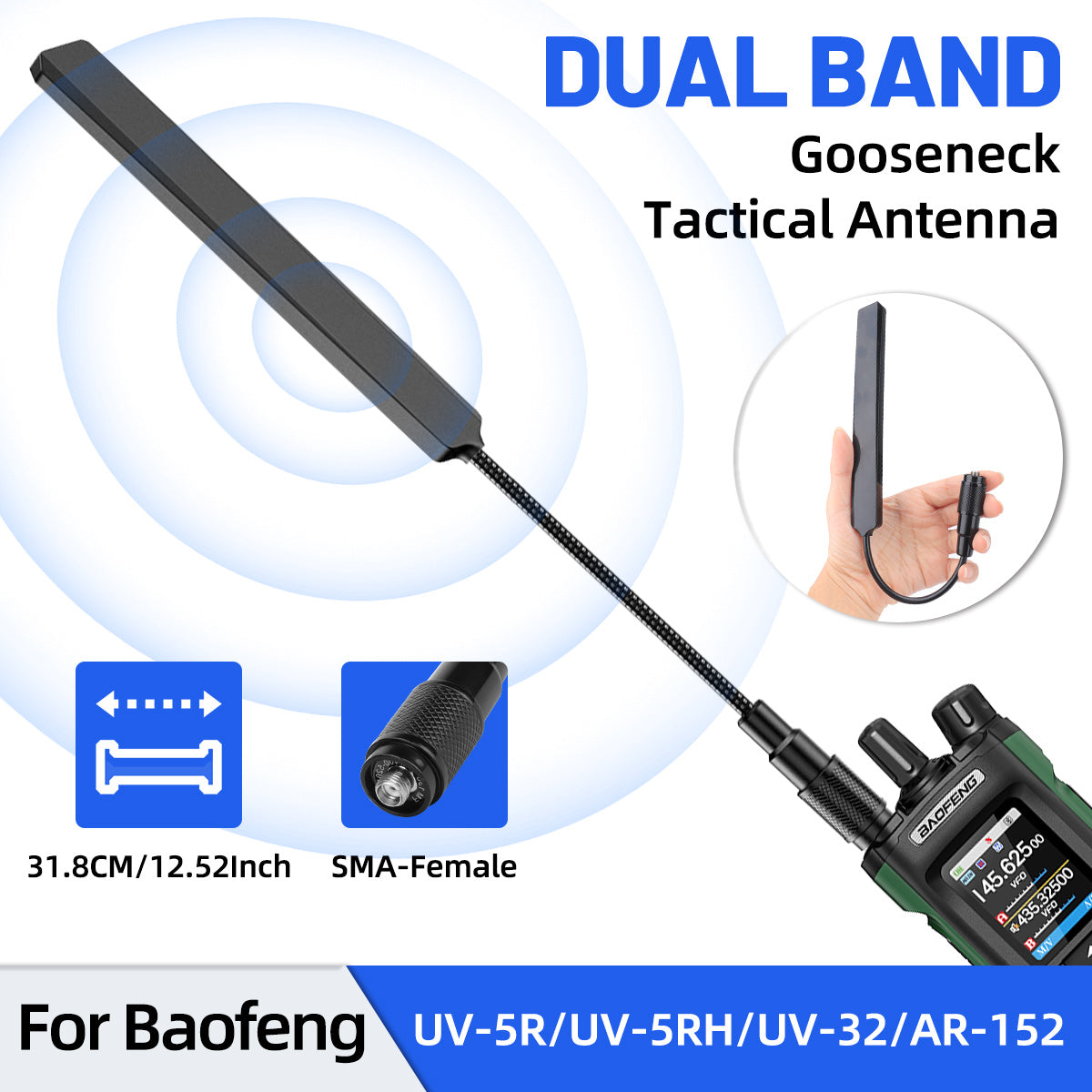 ABBREE AR-188 Gooseneck Tactical Antenna SMA-Female VHF UHF for Baofeng UV-5R MINI UV-5RH 21 PRO QUANSHENG UV-K5 Walkie Talkie