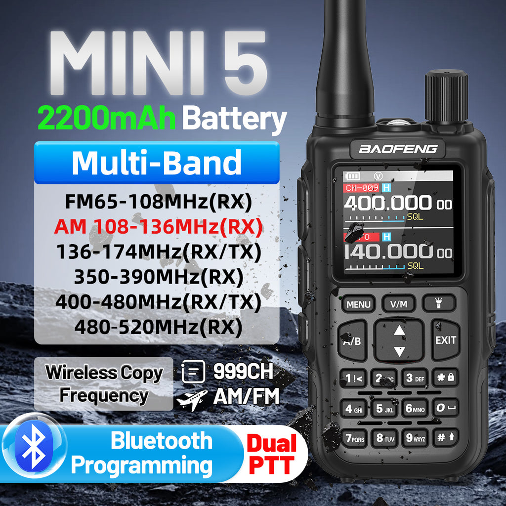 BAOFENG MINI 5 Walkie Talkie 2200mAh Battery APP Bluetooth Programming Long Range Dual PTT Newly Upgraded UV-5R MINI Ham Radio