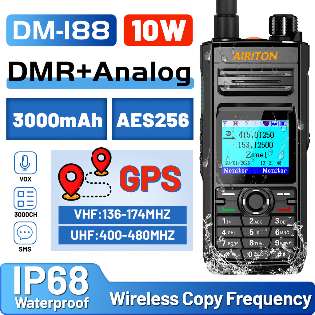 AIRITON DM-188 DMR Digital Analog Walkie Talkie 10W IP68 Waterproof AES256 SMS 3000mAh Dual Band Two Way Ham Radio DM1701 DM-32