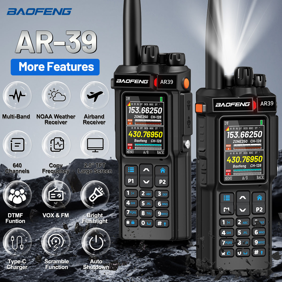 BAOFENG AR-39 Walkie Talkie 7 Color Front Options Wireless Copy Frequency Long Range Large Capacity VOX Type-C Charge Ham Radio