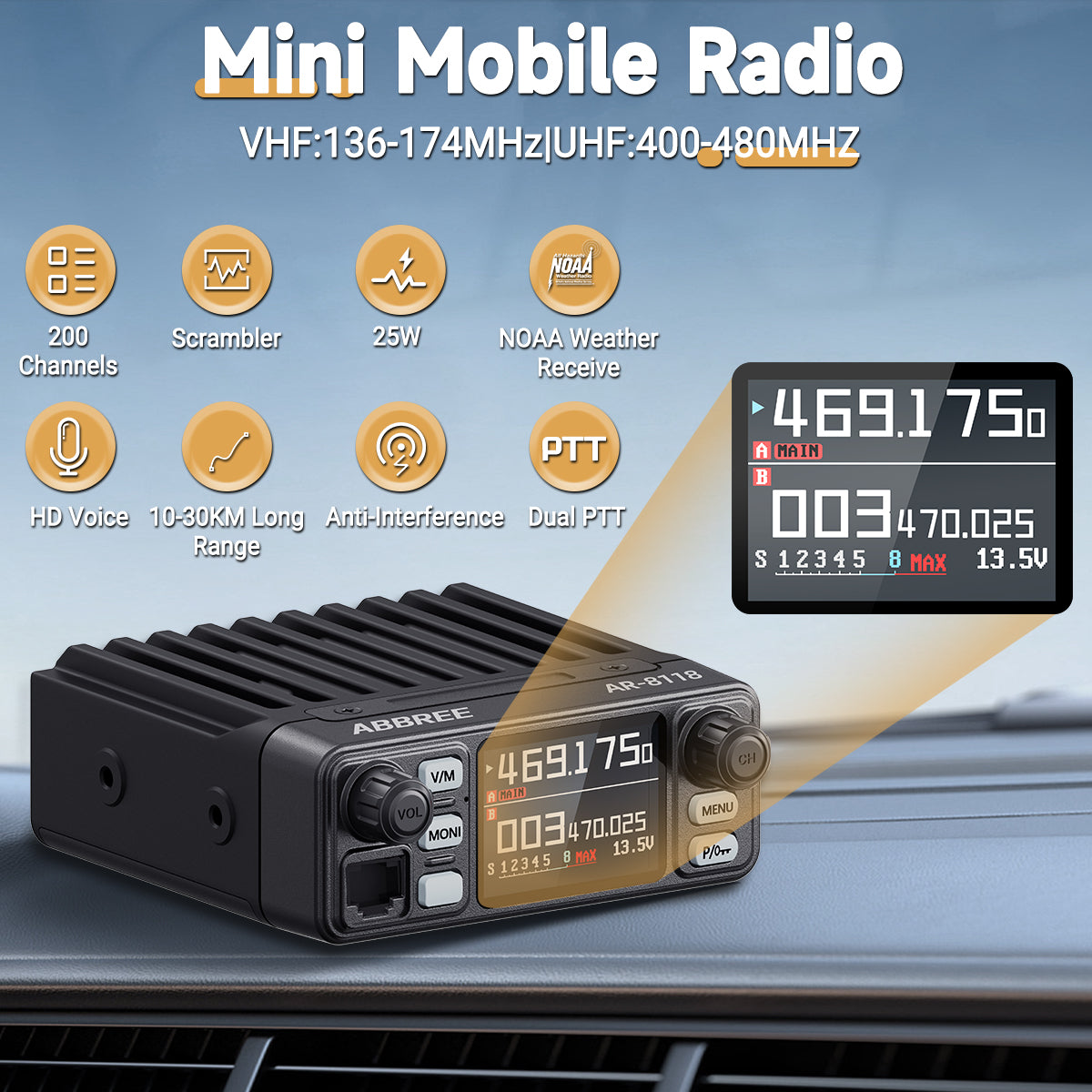 ABBREE AR-8118 25W Dual Band Mini Mobile Radio HD Voice 200CH Long Range VHF UHF Anti-Interference Dual PTT HD Vioce Car Radio