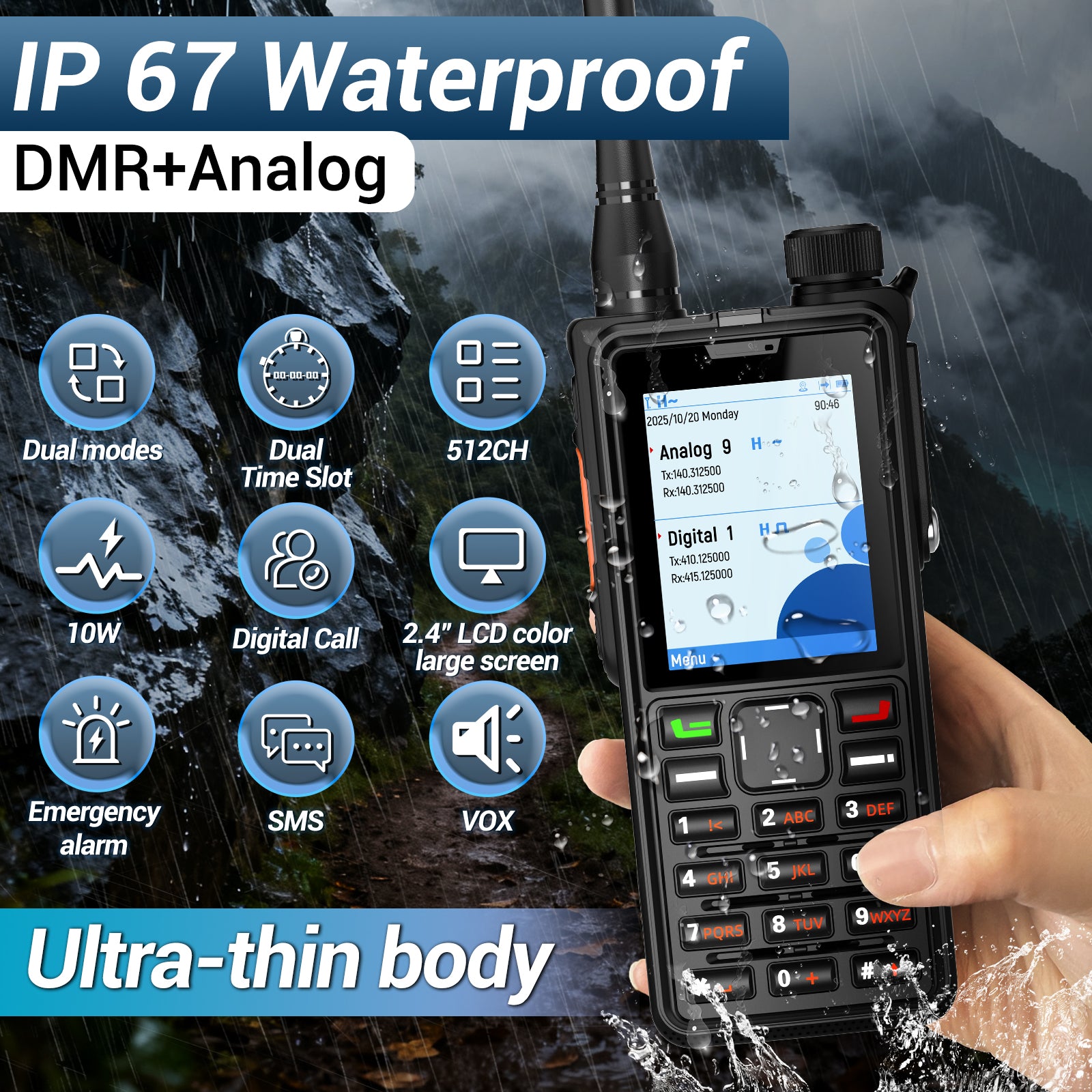 ABBREE AR-880 DMR Digital Walkie Talkie 10W IP67 Waterproof Dual Mode Analog Dual Band AES256 Dual Time Slot SMS VOX Ham Radio