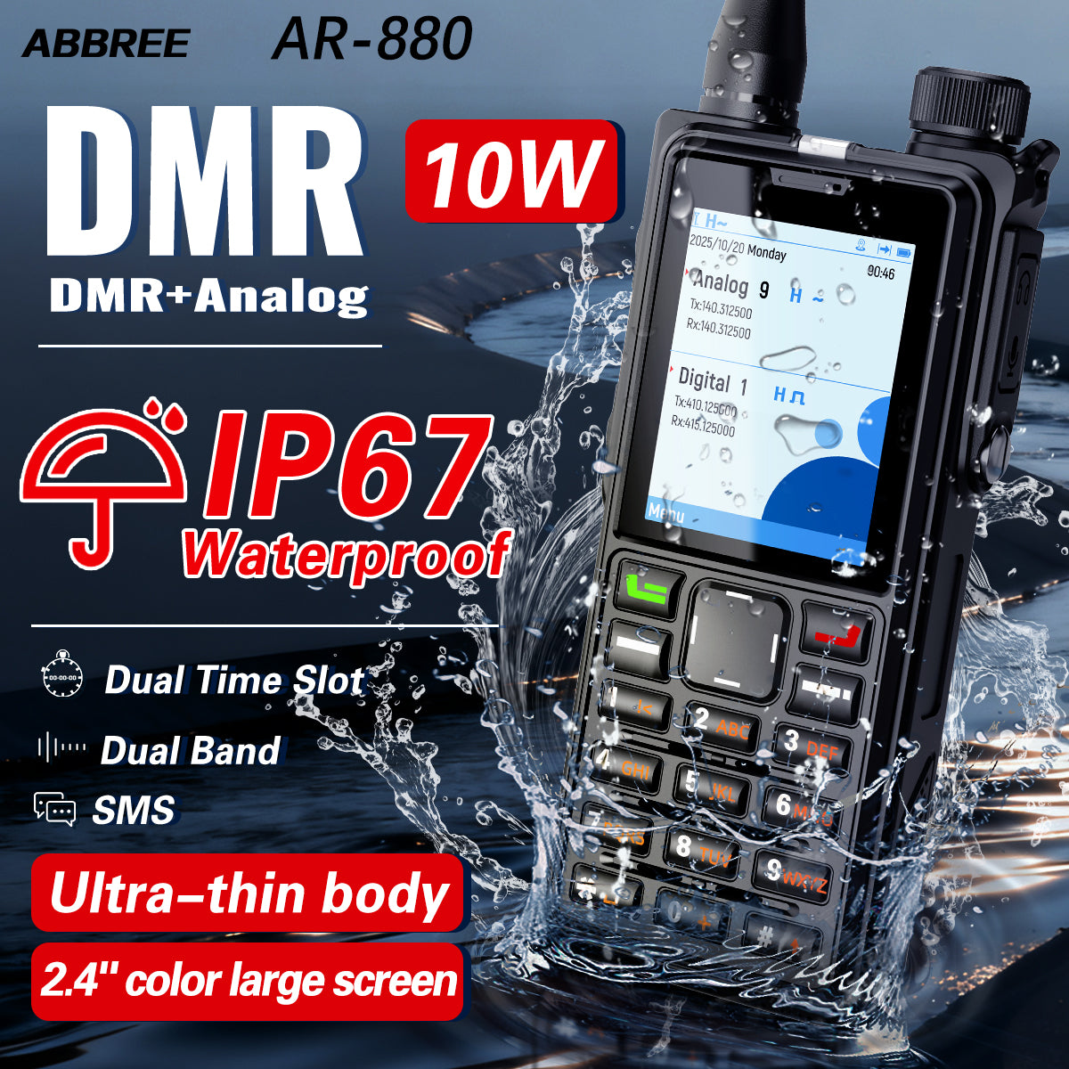 ABBREE AR-880 DMR Digital Walkie Talkie 10W IP67 Waterproof Dual Mode Analog Dual Band AES256 Dual Time Slot SMS VOX Ham Radio