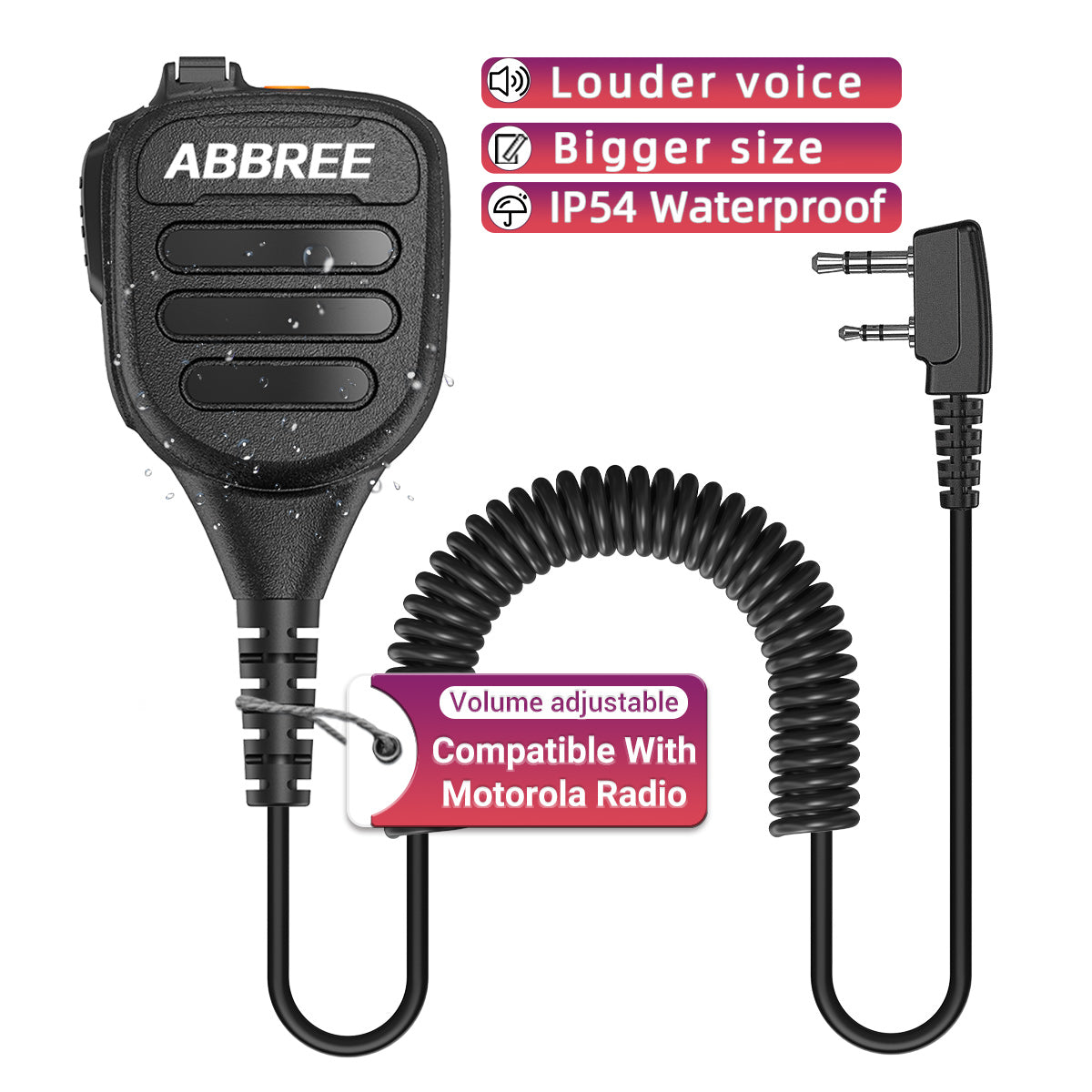 ABBREE AR-850 Speaker Mic Walkie Talkie Volume Adjustable IP54 Waterproof Compatible With Baofeng UV-5R UV-39 BF-888S Ham Radio