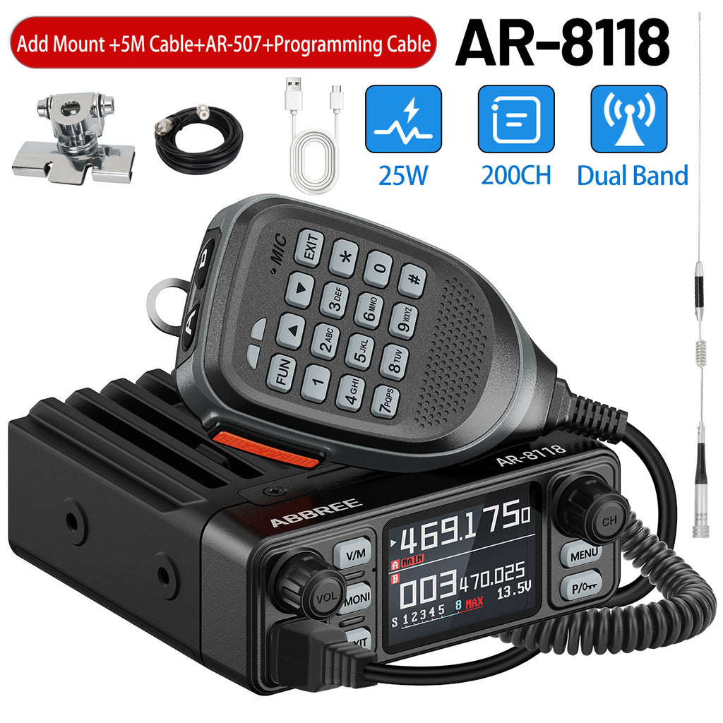 ABBREE AR-8118 25W Dual Band Mini Mobile Radio HD Voice 200CH Long Range VHF UHF Anti-Interference Dual PTT HD Vioce Car Radio
