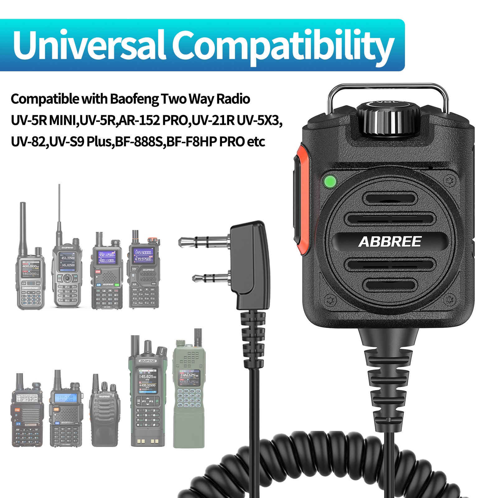 ABBREE AR-158 Walkie Talkie Speaker Mic Adjustable Volume 2 Pin Rechargeable For Baofeng UV-5R Mini for Quansheng UV-K1 (8) K5