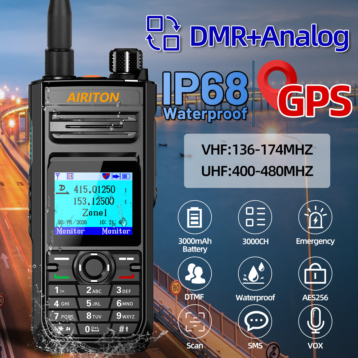 AIRITON DM-188 DMR Digital Analog Walkie Talkie 10W IP68 Waterproof AES256 SMS 3000mAh Dual Band Two Way Ham Radio DM1701 DM-32