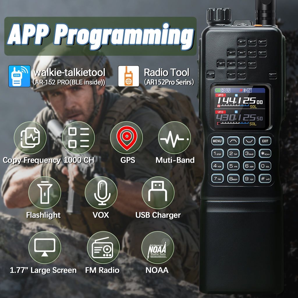 BAOFENG AR-152 PRO GPS Walkie Talkie Long Range Bluetooth Programming 10W Multi Band 12000mAh Tactial 1000CH Two Way Ham Radio