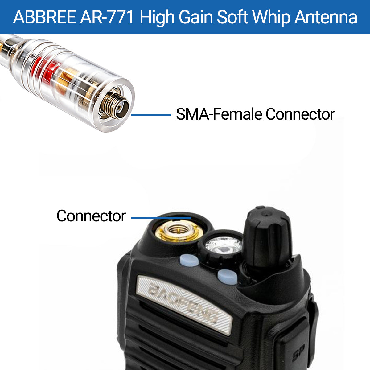 ABBREE AR-771 SMA-Female Dual Band Antenna 144/430MHz High Gain Soft Whip Walkie Talkie Antenna For Baofeng UV-5R UV-9R PRO