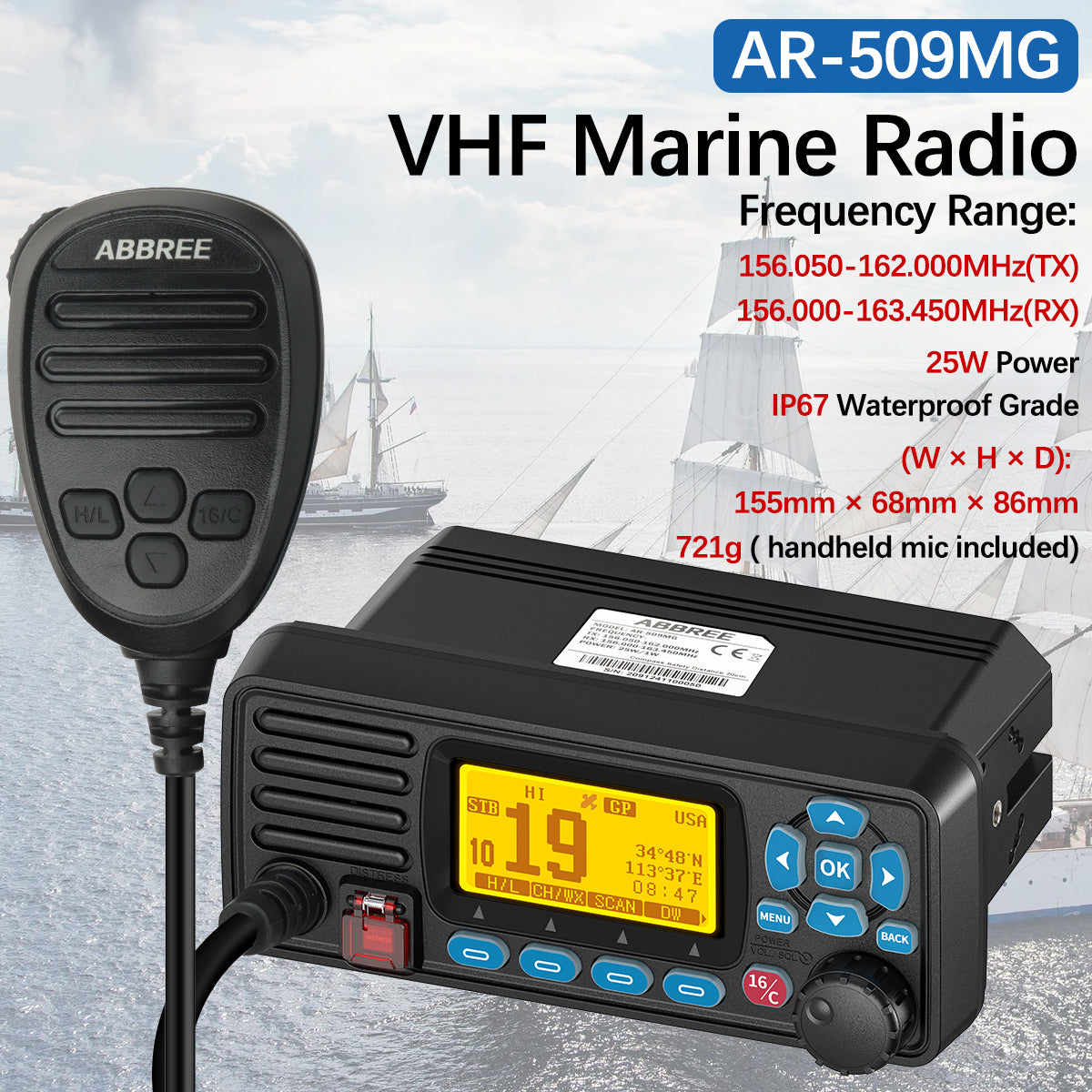 ABBREE AR-509MG Marine Radio VHF 25W with GPS Waterproof IP67 DCS Call USA/INT/CAN Marine Radio Channels Fixed Mount For Boats