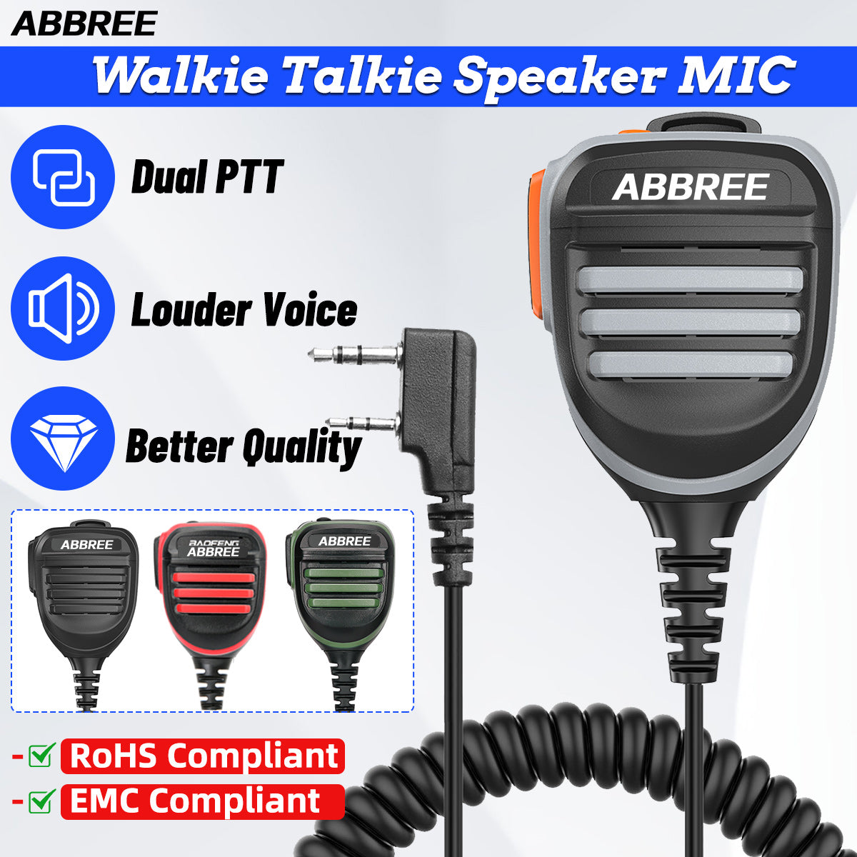 Abbree AR-780 PTT Remote Waterproof Speaker Mic Microphone for Two Way Radio Kenwood TYT Baofeng UV-5R 888S UV-82 Walkie Talkie