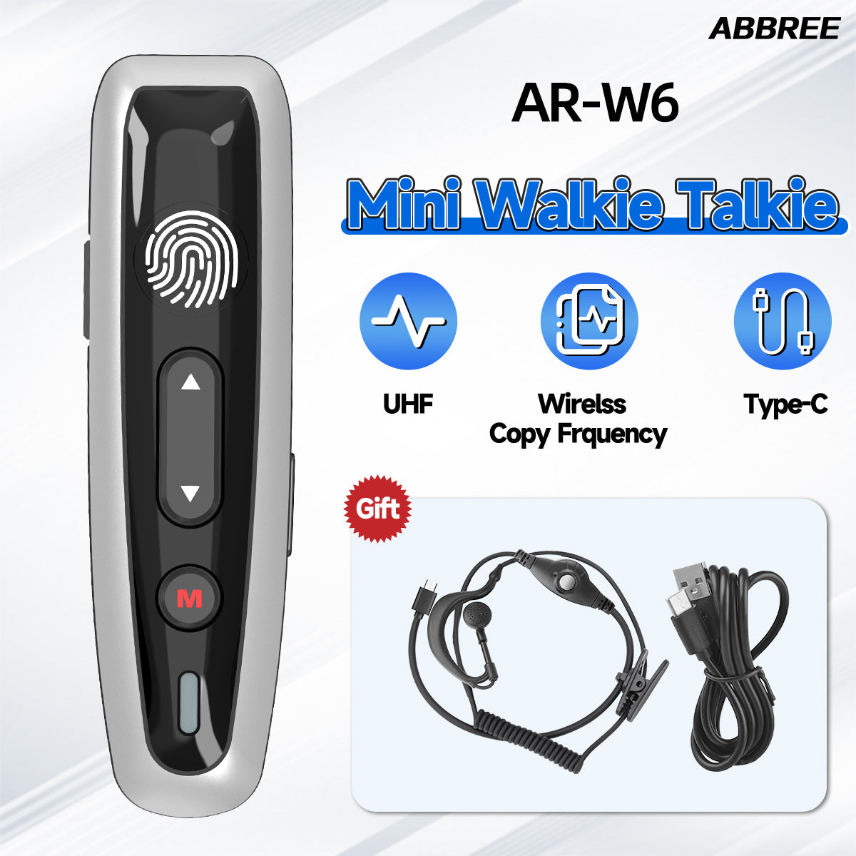 ABBREE AR-W6 Mini Walkie Talkie Collar Clip or Ear Hanging UHF Dual PTT Touch Talk Wireless Copy Frequency For Restaurant Hotel