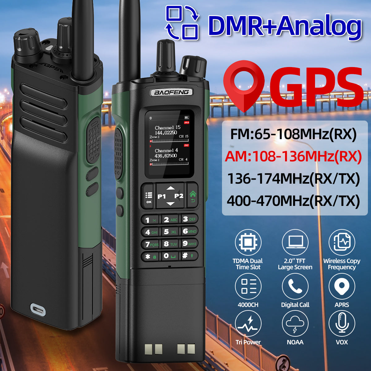 Baofeng DMR DM-32 3200mAh Digital Walkie Talkie GPS Dual Mode Analog TDMA Dual Time Slot AM FM APRS Digital Call Ham Radio DM-1701 UV-32