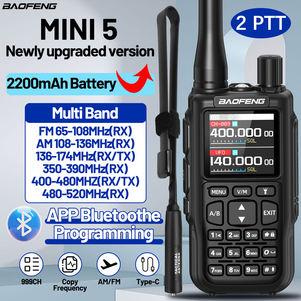 Baofeng Mini 5 Walkie Talkie Upgrade 5R Mini Bluetooth Programming Wireless Copy Frequency Full Band Type-C Long Range Ham Radio