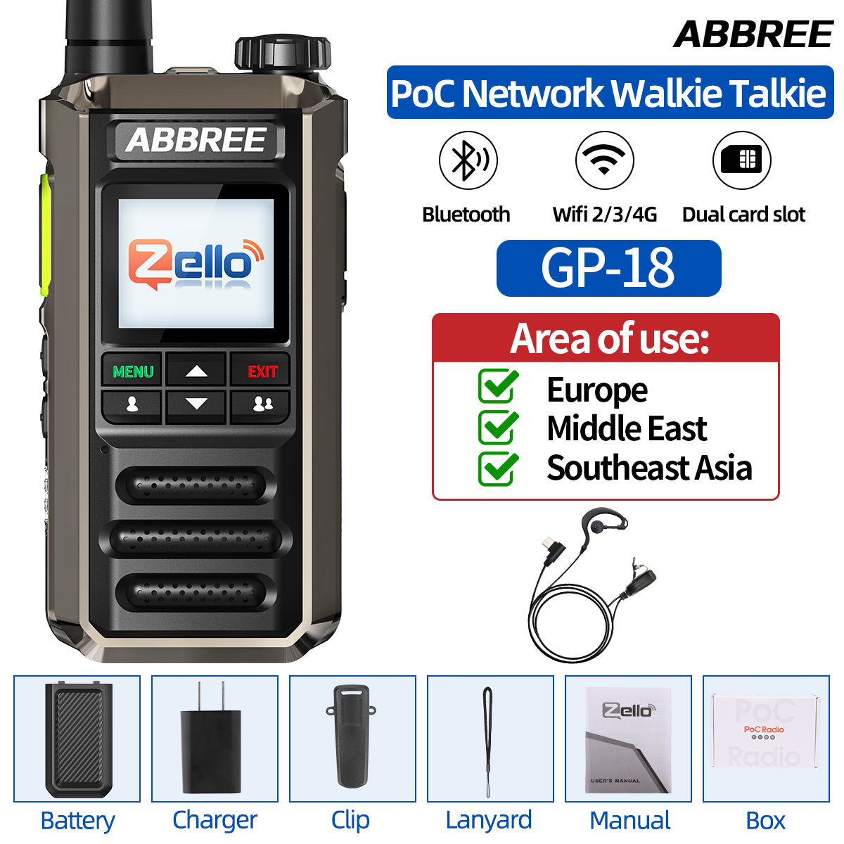 ABBREE GP-18 2G/3G/4G Zello Walkie Talkie Dual Sim Card Slots Global POC Android Bluetooth WIFI Unlimited Distance Network Radio