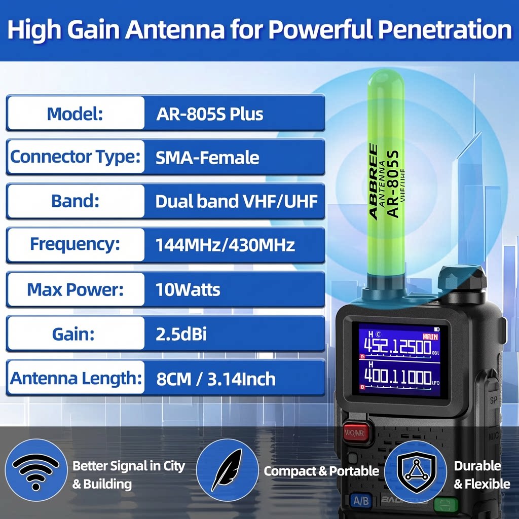 ABBREE AR-805 PLUS Walkie Talkie Antenna SMA-Female High Gain Dual Band For Baofeng UV-5R AR-152 PRO UV-21 PRO Ham Radio