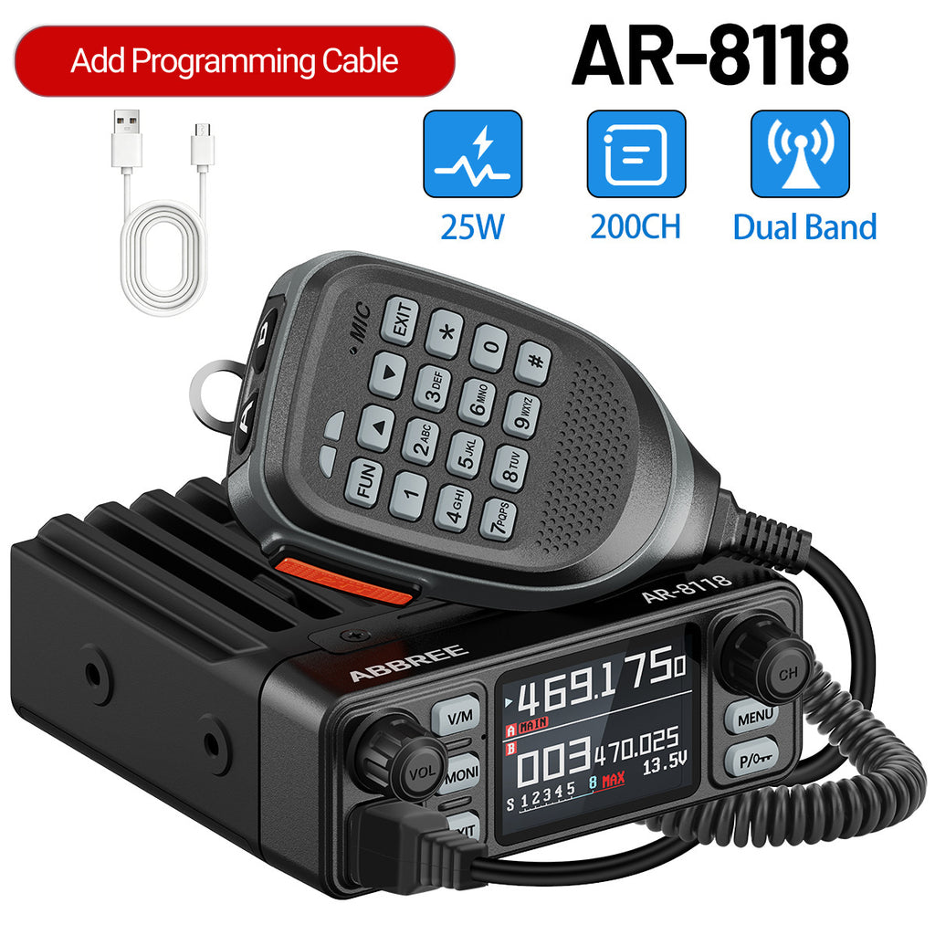 ABBREE AR-8118 25W Dual Band Mini Mobile Radio HD Voice 200CH Long Range VHF UHF Anti-Interference Dual PTT HD Vioce Car Radio