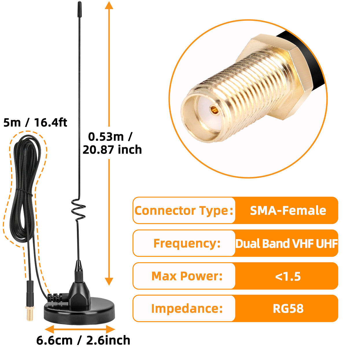 ABBREE AD-109 Mobile Radio Antenna Magnetic Dual Band VHF UHF SMA-Female For Baofeng Walkie Talkie UV-5RH BF-888S UV-32
