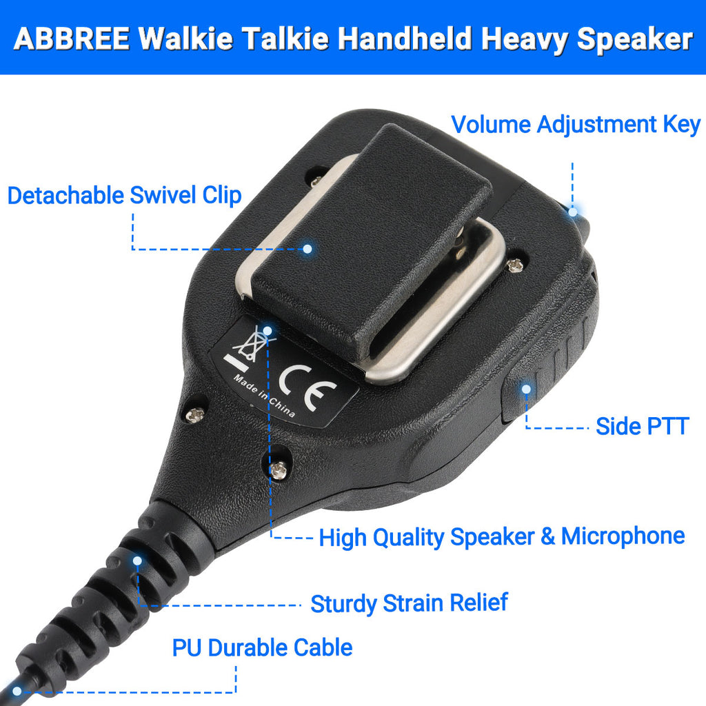 ABBREE AR-850 Speaker Mic Walkie Talkie Volume Adjustable IP54 Waterproof Compatible With Baofeng UV-5R UV-39 BF-888S Ham Radio