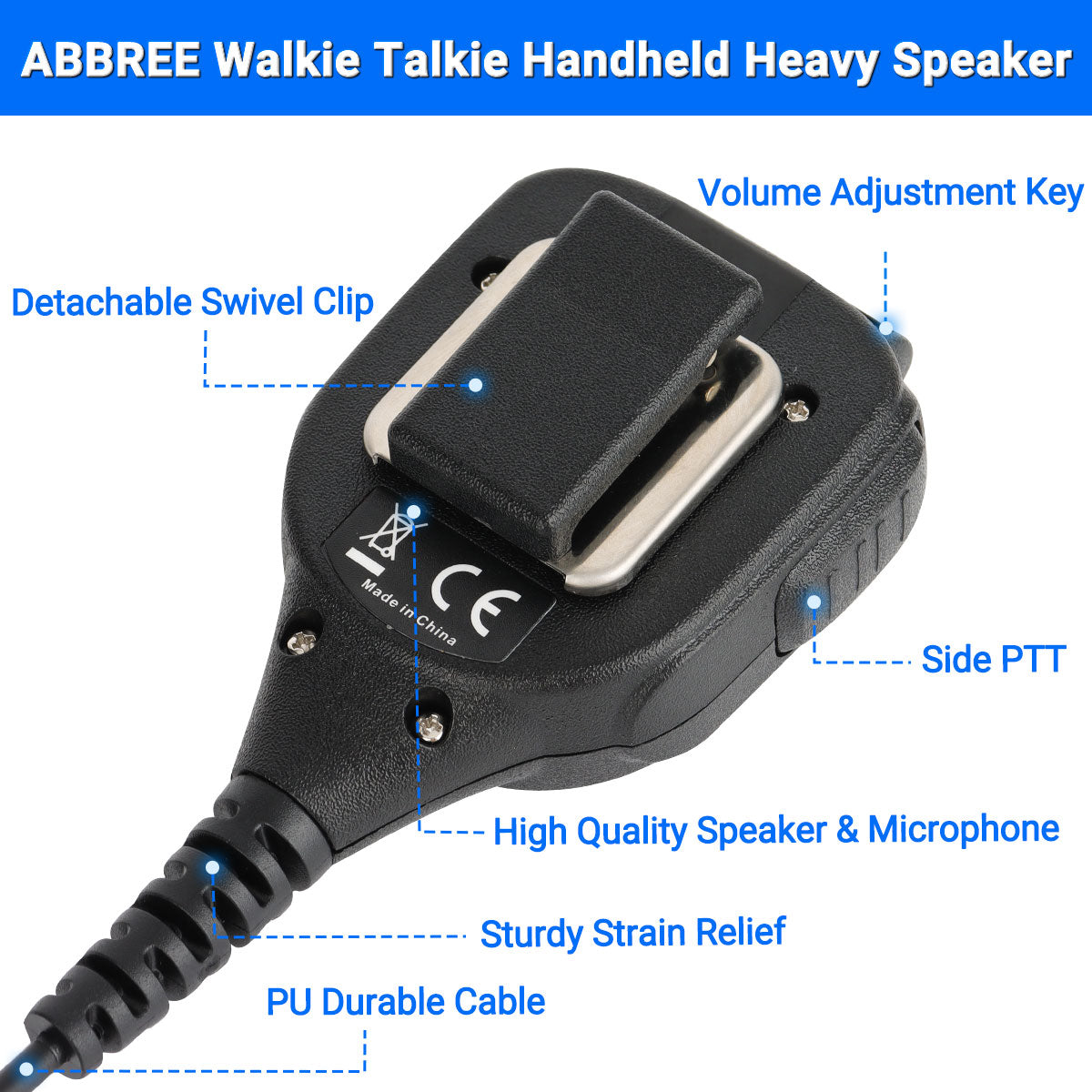 ABBREE AR-850 Speaker Mic Walkie Talkie Volume Adjustable IP54 Waterproof Compatible With Baofeng UV-5R UV-39 BF-888S Ham Radio