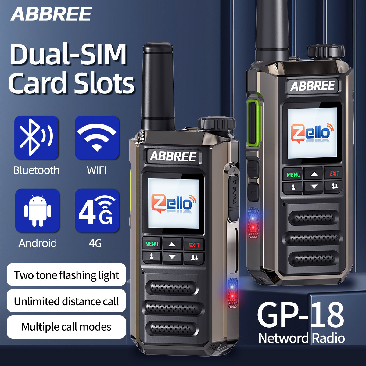 ABBREE GP-18 2G/3G/4G Zello Walkie Talkie Dual Sim Card Slots Global POC Android Bluetooth WIFI Unlimited Distance Network Radio