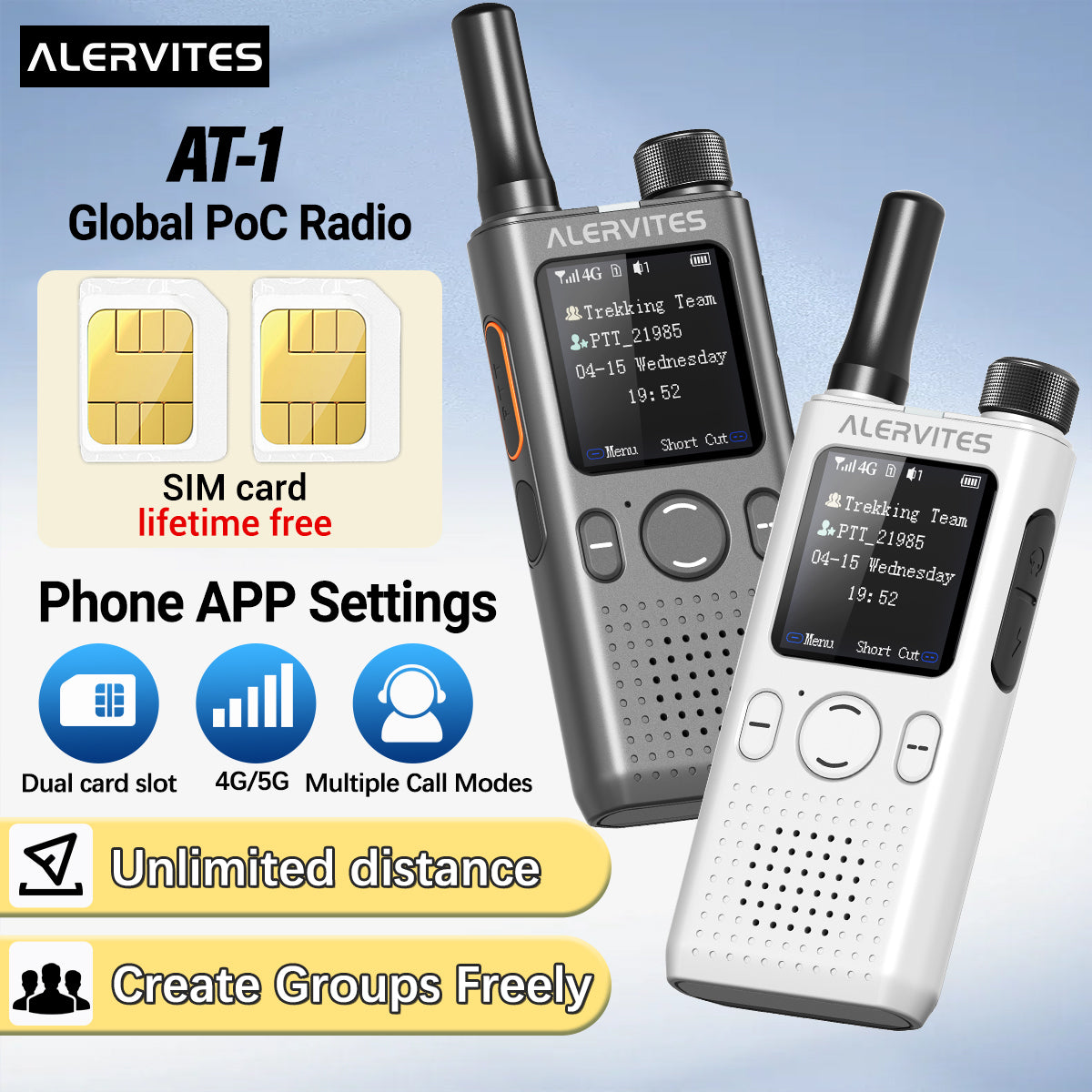 ALERVITES AT1 POC Radio Global 4G/5G Network Walkie Talkie Create Groups Freely Phone APP Settings Unlimited Distance  For Baofeng Portable USB Charge Ham Radio