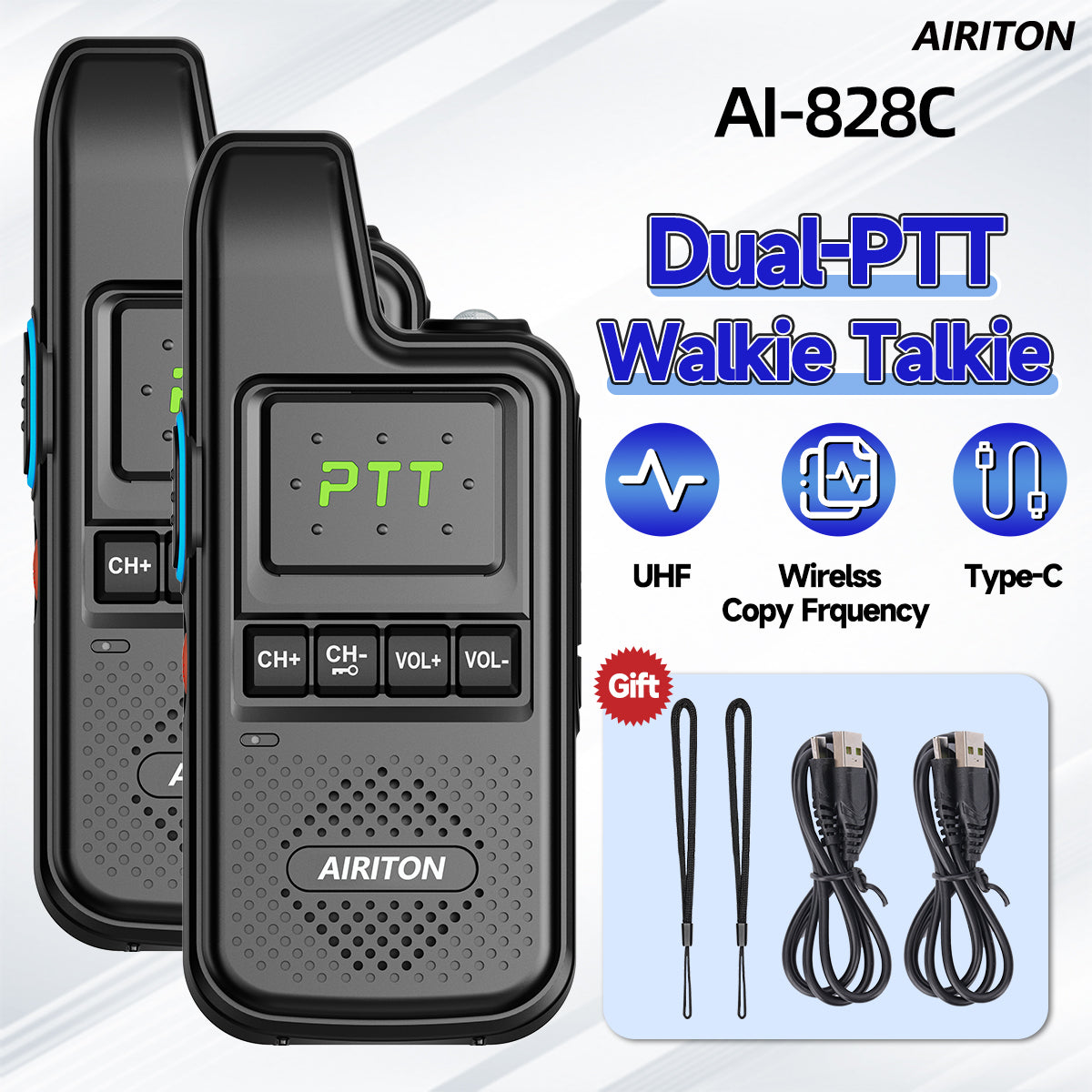 AIRITON AI-828C Mini Walkie Talkie Dual PTT Wireless Copy Frequency HD Sound Portable UHF 16 Channels Long Range Ham Radio