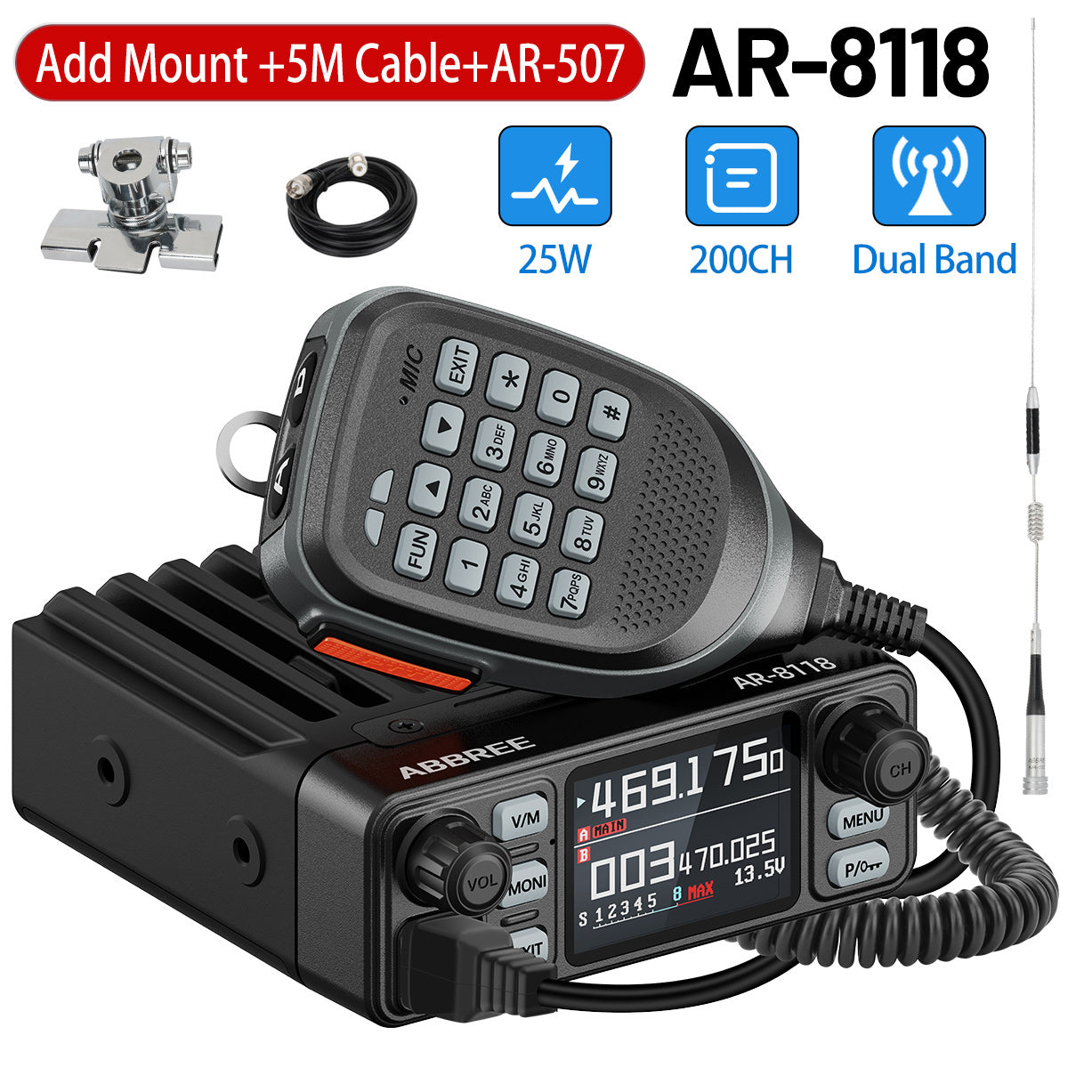 ABBREE AR-8118 25W Dual Band Mini Mobile Radio HD Voice 200CH Long Range VHF UHF Anti-Interference Dual PTT HD Vioce Car Radio