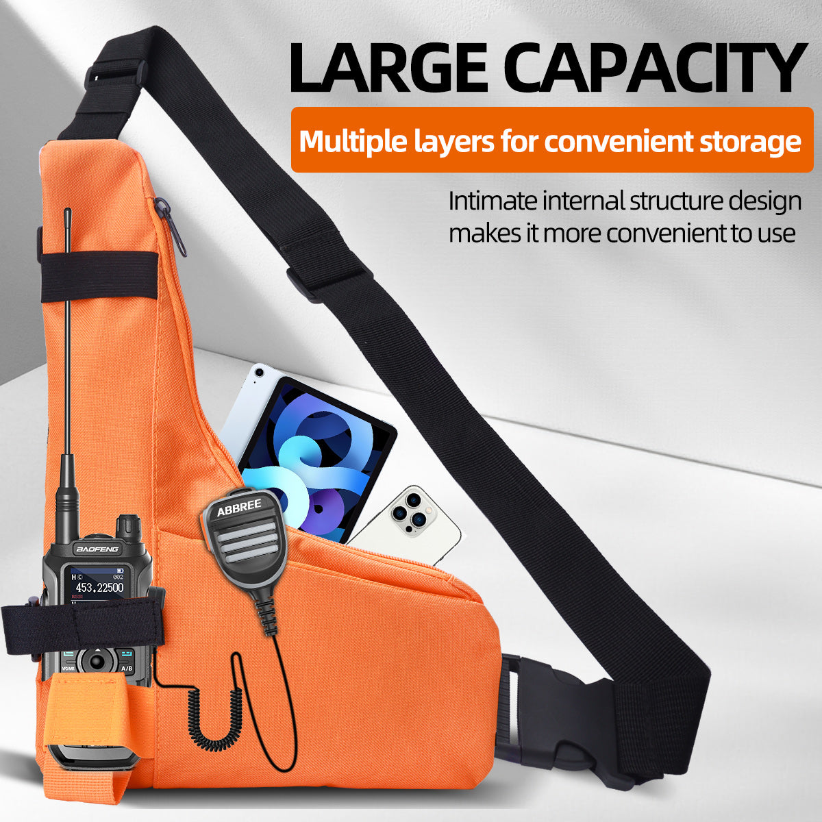 ABBREE PT-17 Large Capacity Waterproof Walkie Talkie Carry Bag Fashion Orange L Shape Lightweight Portable Adjustable Chest Bag