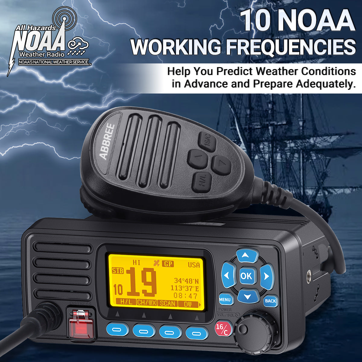 ABBREE AR-509MG Marine Radio VHF 25W with GPS Waterproof IP67 DCS Call USA/INT/CAN Marine Radio Channels Fixed Mount For Boats