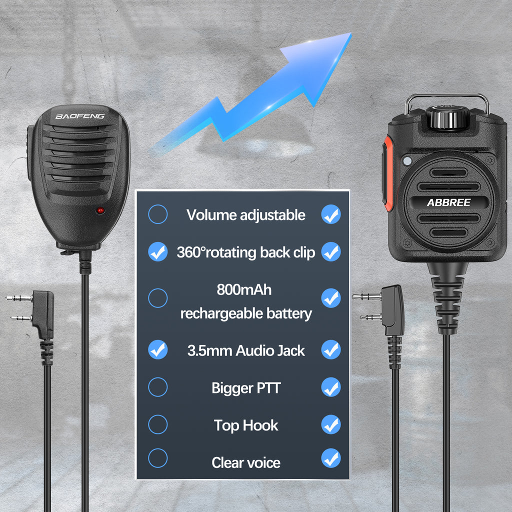 ABBREE AR-158 Walkie Talkie Speaker Mic Adjustable Volume 2 Pin Rechargeable For Baofeng UV-5R Mini for Quansheng UV-K1 (8) K5
