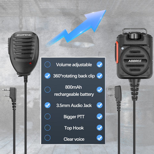 ABBREE AR-158 Walkie Talkie Speaker Mic Adjustable Volume 2 Pin Rechargeable For Baofeng UV-5R Mini for Quansheng UV-K1 (8) K5