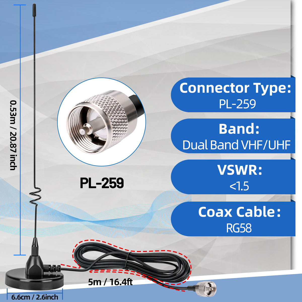 ABBREE AD-109 Mobile Radio Antenna Magnetic Dual Band VHF UHF PL259 Connetor For Car Radio